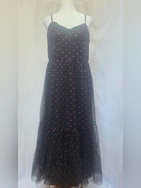 Betsey Johnson Glitter Lip Print Tulle Midi Dress Black Pink Lips